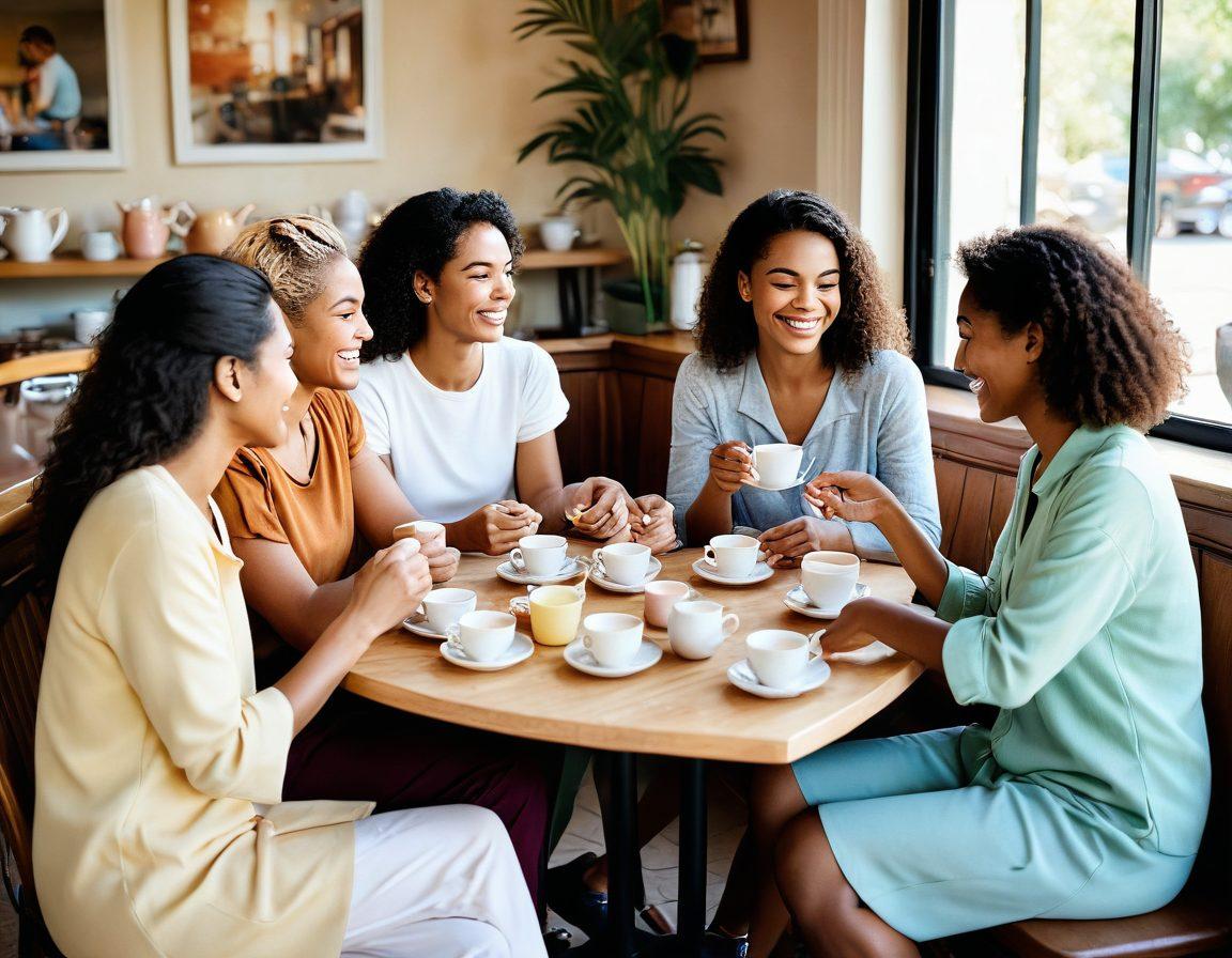 A vibrant scene of diverse women gathered in a cozy, sunlit café, sharing laughter and stories over cups of tea. Soft pastel colors enhance the warmth and joy of their authentic connections. Incorporate elements like intertwined hands symbolizing sisterhood and a heart shape subtly formed by their seating arrangement. Capture a feeling of closeness and community. super-realistic. warm tones. inviting atmosphere.