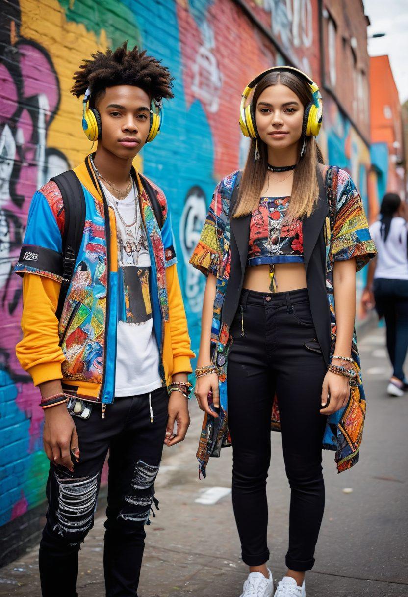 A vibrant street scene showcasing diverse youth engaging in fashion-forward expressions, dressed in eclectic outfits that reflect their unique styles and personalities. Bright graffiti art serves as a backdrop, symbolizing creativity and friendship. Incorporate elements of music and technology with colorful headphones and smartphones, emphasizing empowerment through connection. super-realistic. vibrant colors. urban setting.
