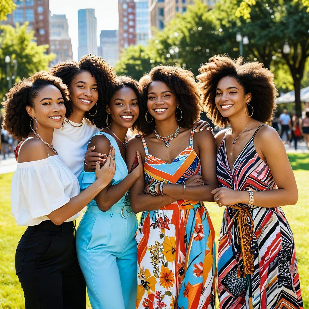 A group of diverse women from different backgrounds joyfully embracing each other in a sunlit urban park, showcasing trendy fashion styles that blend modern femininity with individuality. Each woman holds a symbol of connection, like friendship bracelets or flowers, with a vibrant cityscape in the background. Capture a warm, uplifting atmosphere that celebrates sisterhood and empowerment. super-realistic. vibrant colors. natural lighting.